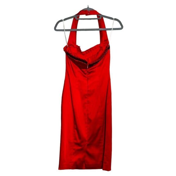 Issue red Stretch Satin Bodycon Halter Dress Black Lace Trim Valentines Day Sexy - Picture 4 of 7